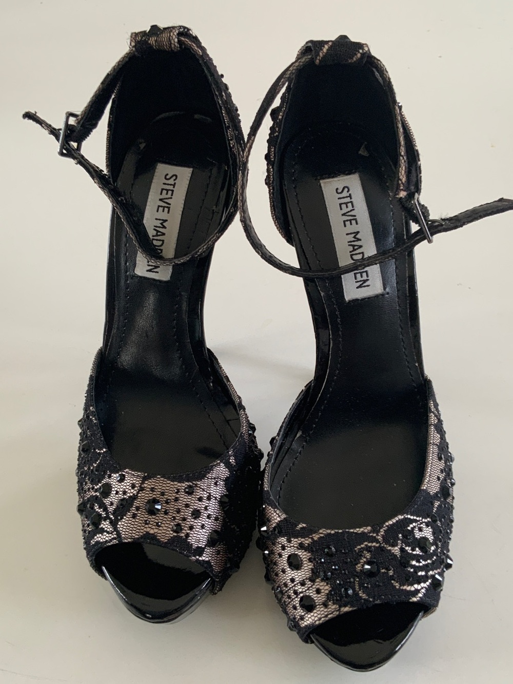 Steve Madden Black and Metallic Peep-Toe Ankle-Strap Heels
